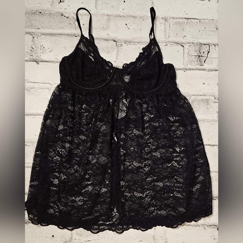 La Vie En Rose Black Lace Babydoll Chemise Womens Large Sheer Mesh - Picture 4 of 14